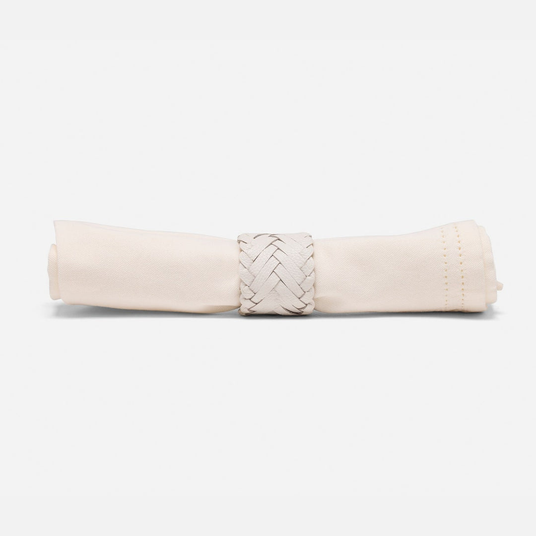Fordham White Braided Napkin Ring Full-Grain Leather Boxed Pack/4