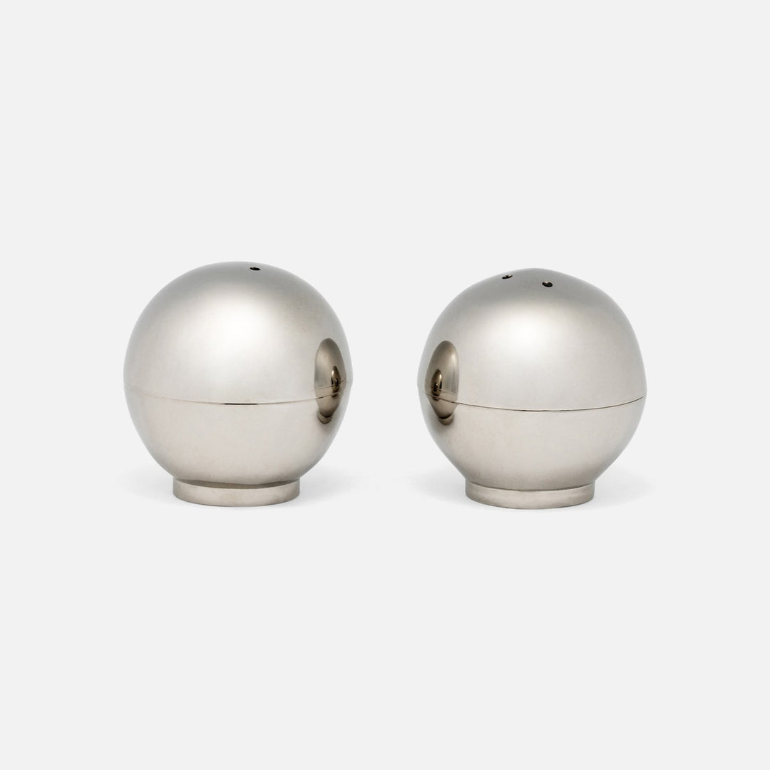 Helios Polished Silver 1 Set Of Sphere Salt And Pepper Shakers Brass Boxed