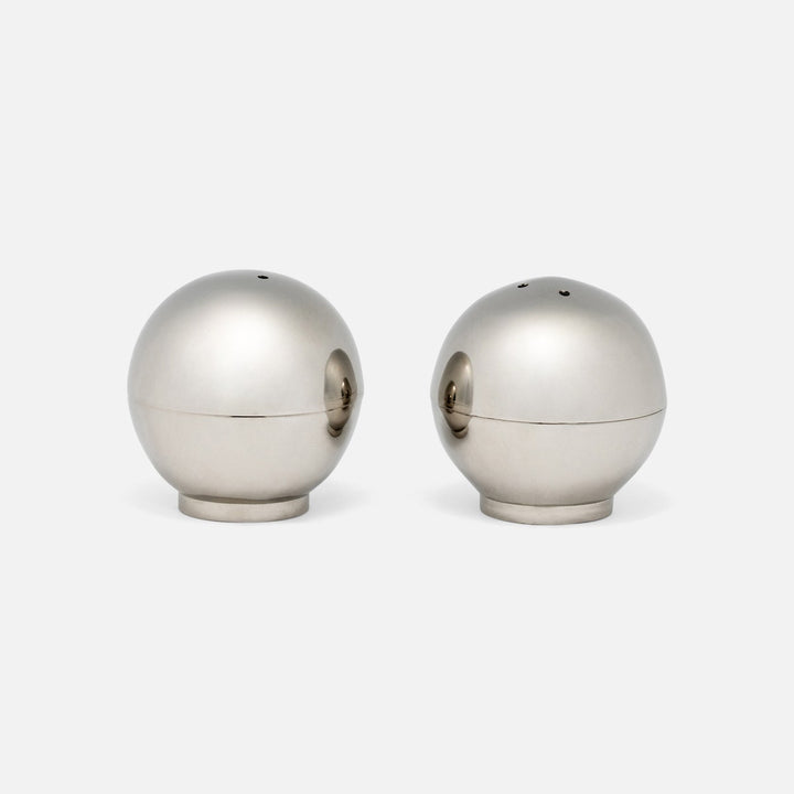 Helios Polished Silver 1 Set Of Sphere Salt And Pepper Shakers Brass Boxed