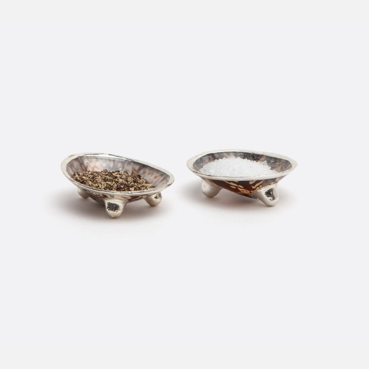 Penelope Natural/Warm Silver Limpet Shell Salt & Pepper Pinch Bowls Set/4 Boxed