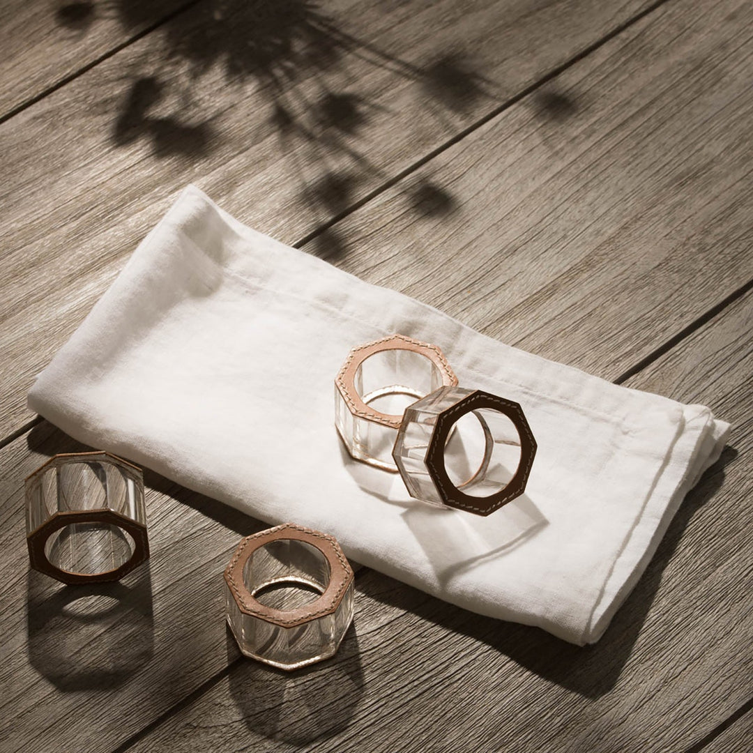 Arthur Aged Camel Napkin Ring Full-Grain Leather/Clear Glass Crystal Boxed Set Of 4
