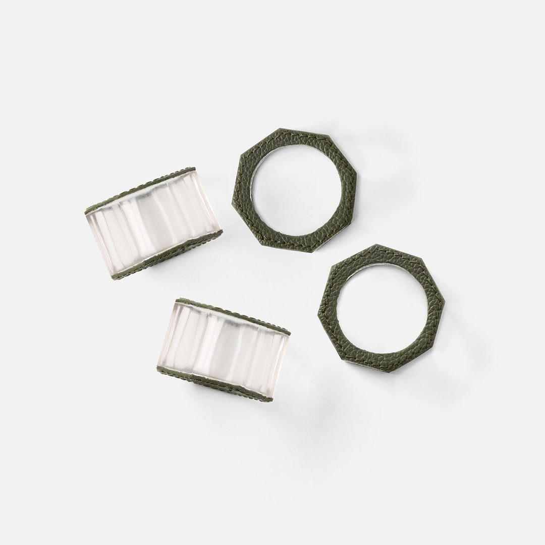 Arthur Forest Green Napkin Ring Full-Grain Leather/Clear Glass Crystal Boxed Set Of 4