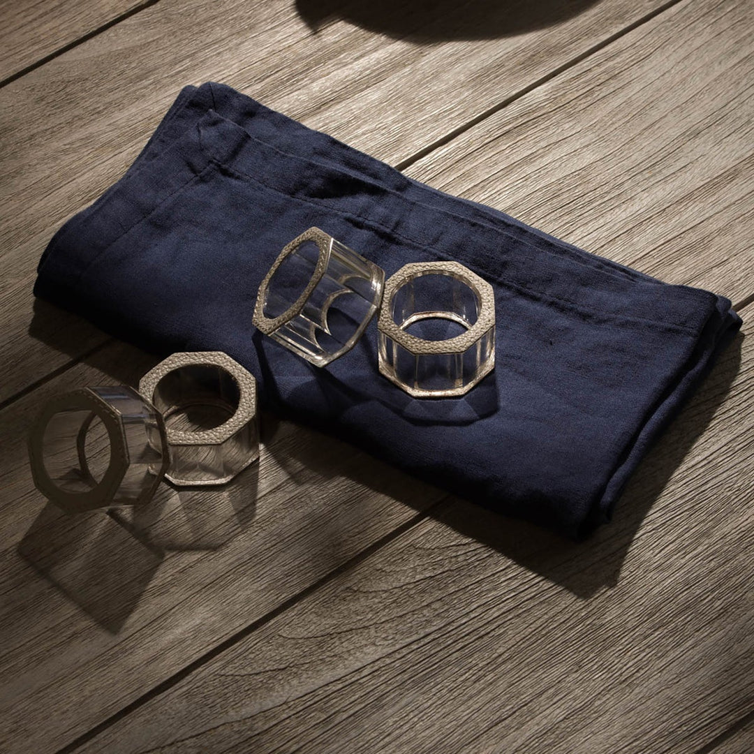 Arthur Light Gray Napkin Ring Full-Grain Leather/Clear Glass Crystal Boxed Set Of 4