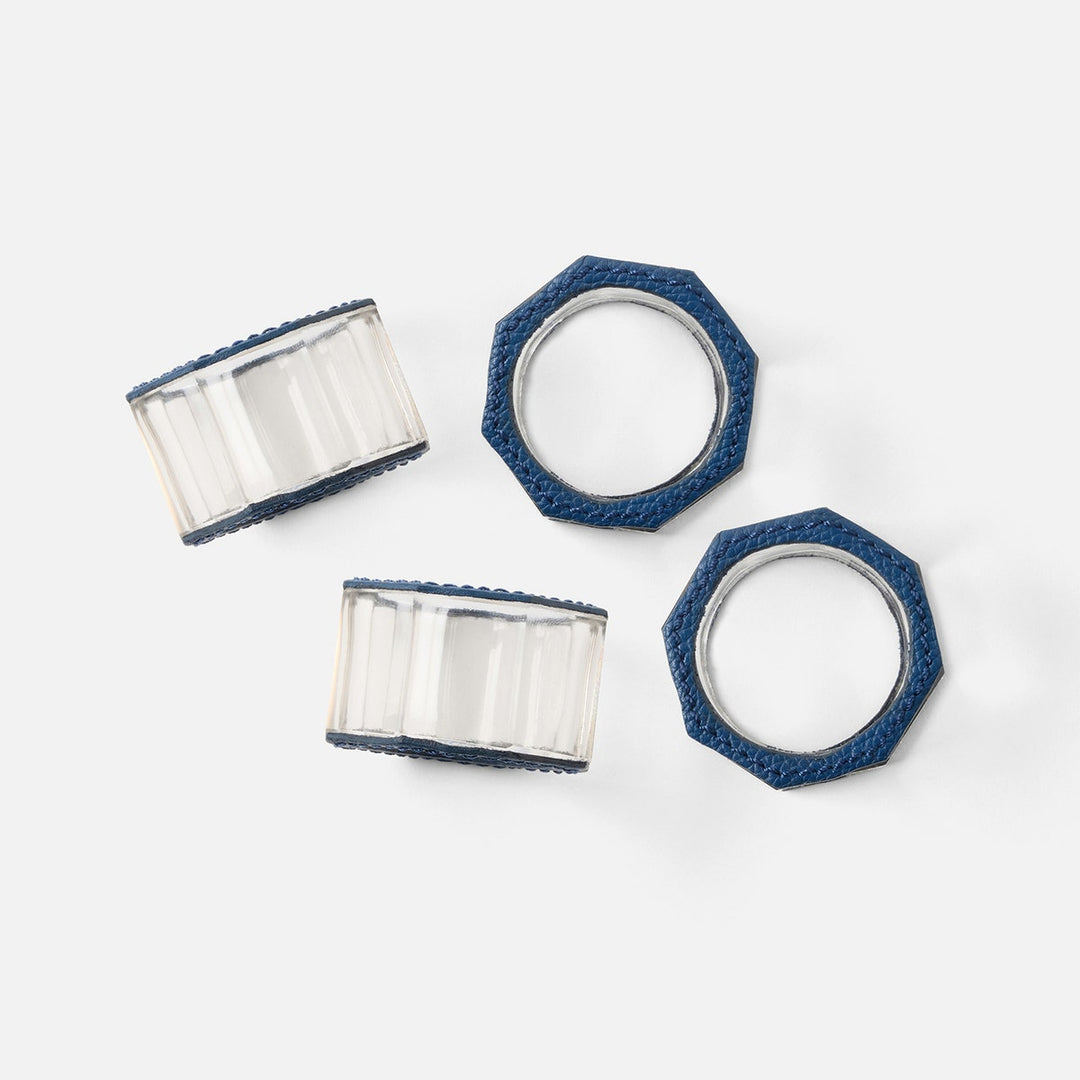 Arthur Navy Napkin Ring Full-Grain Leather/Clear Glass Crystal Boxed Set Of 4