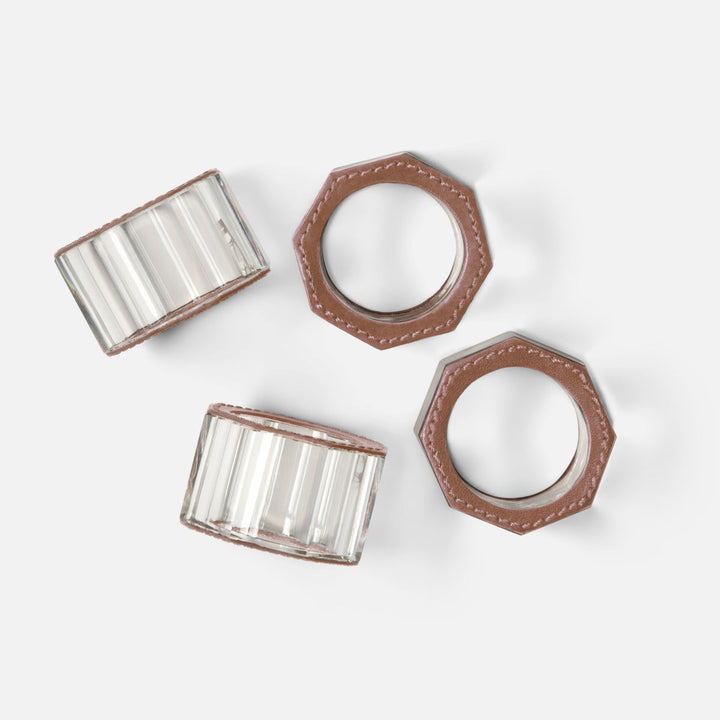 Arthur Tobacco Napkin Ring Full-Grain Leather/Clear Glass Crystal Boxed Set Of 4