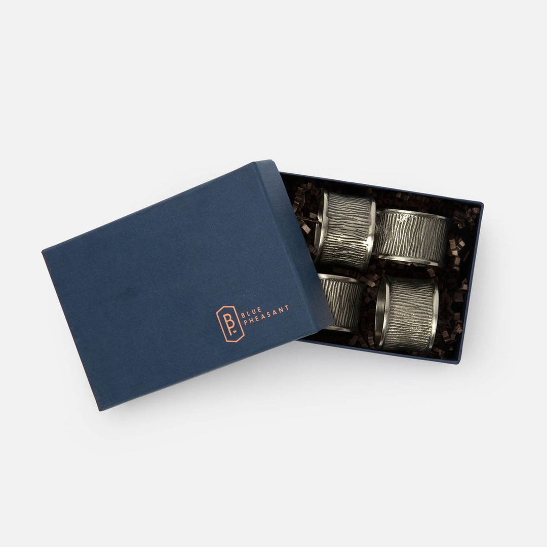 Ellery Antiqued Pewter Napkin Ring Brass Boxed Set Of 4
