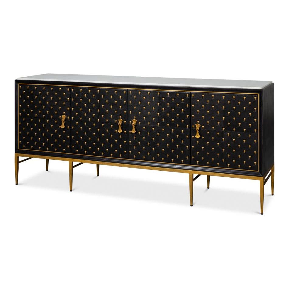 Additional view of Palisade Shagreen Credenza in black and gold, featuring smooth stone top and four hinged cabinet doors.