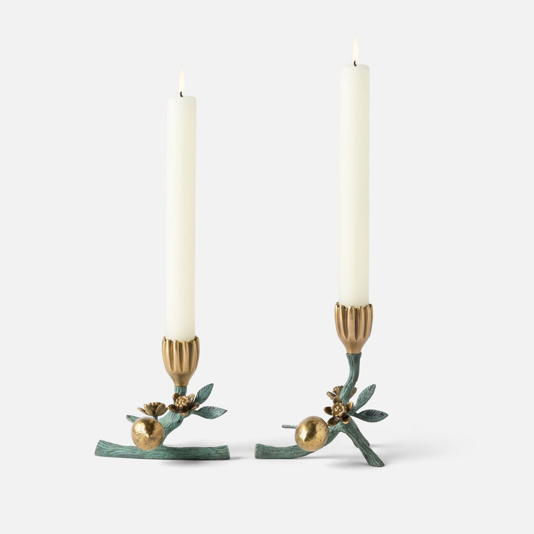 Bernadette Antique Gold/Patina Floral Candle Holder Brass Set/2