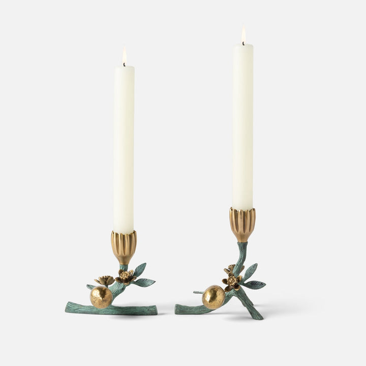 Bernadette Antique Gold/Patina Floral Candle Holder Brass Set/2