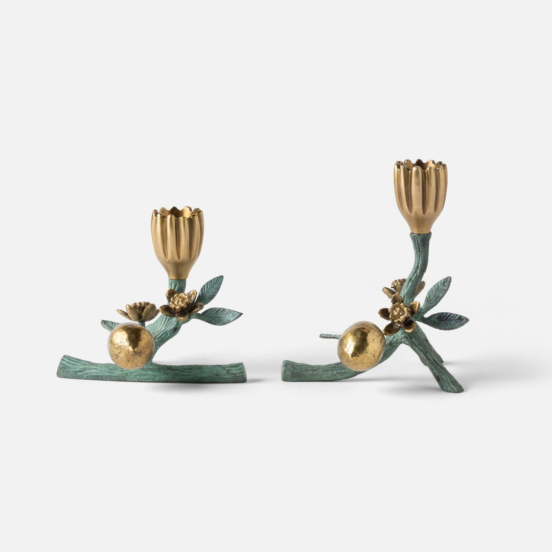 Bernadette Antique Gold/Patina Floral Candle Holder Brass Set/2