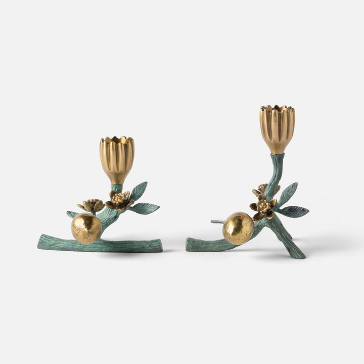 Bernadette Antique Gold/Patina Floral Candle Holder Brass Set/2