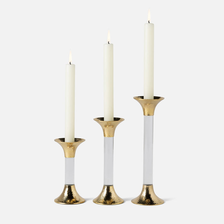 Leopold Clear/Gold Fluted Candle Holders Acrylic/Hammered Brass Set/3