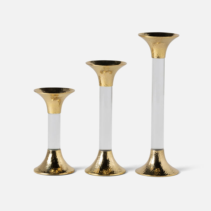 Leopold Clear/Gold Fluted Candle Holders Acrylic/Hammered Brass Set/3