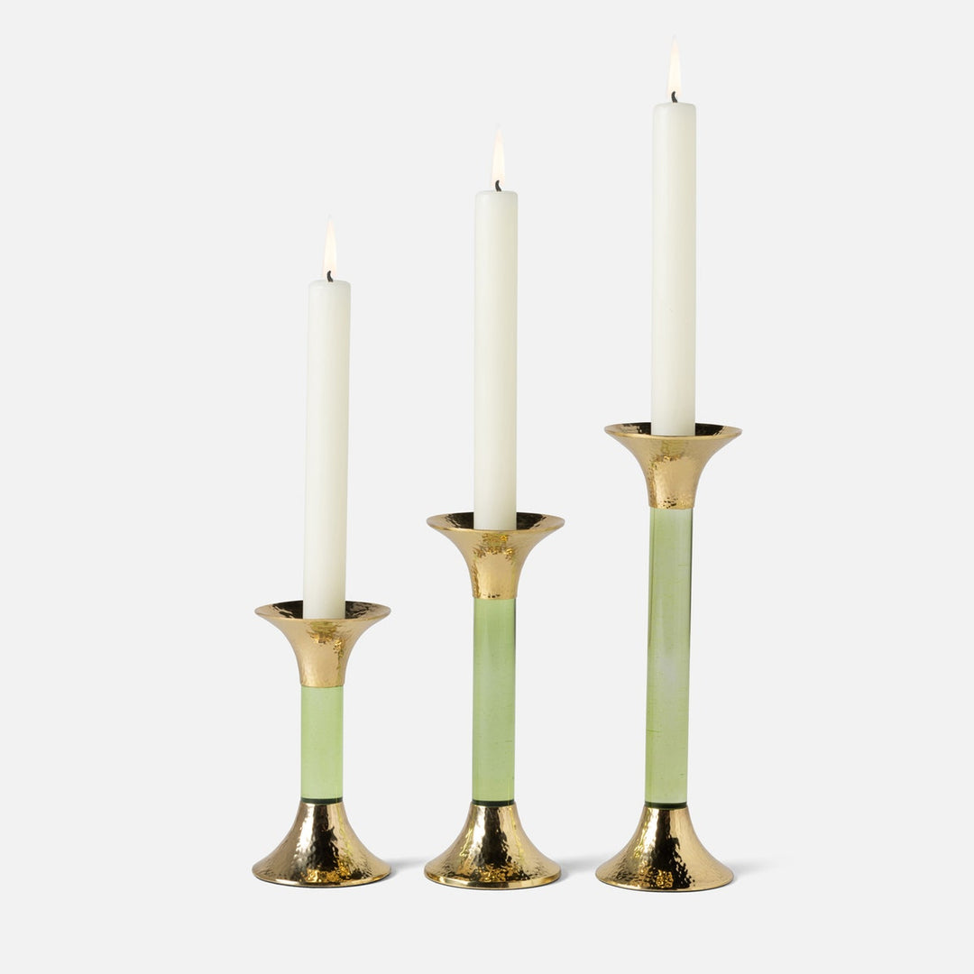 Leopold Lime/Gold Fluted Candle Holders Acrylic/Hammered Brass Set/3