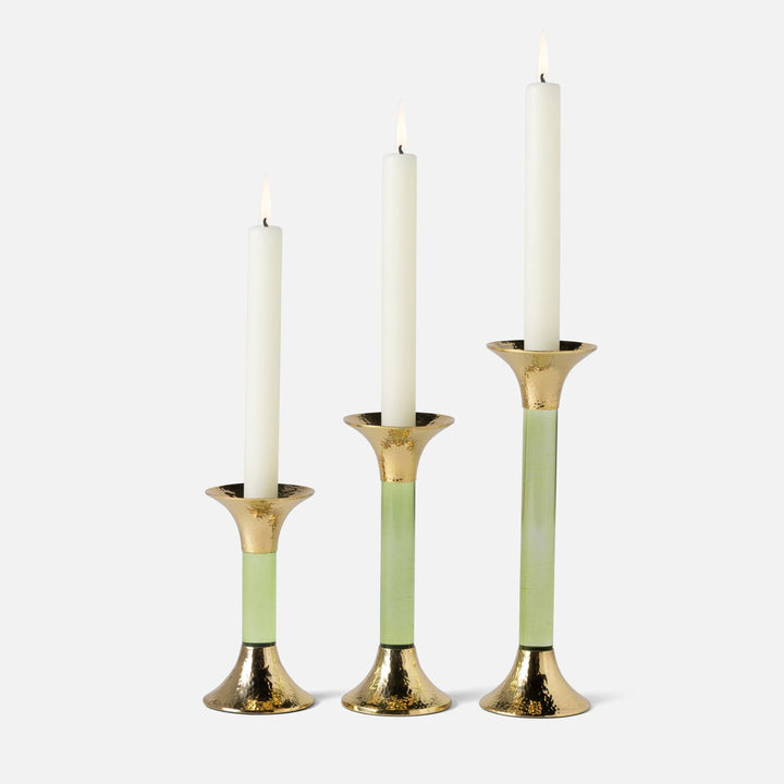 Leopold Lime/Gold Fluted Candle Holders Acrylic/Hammered Brass Set/3