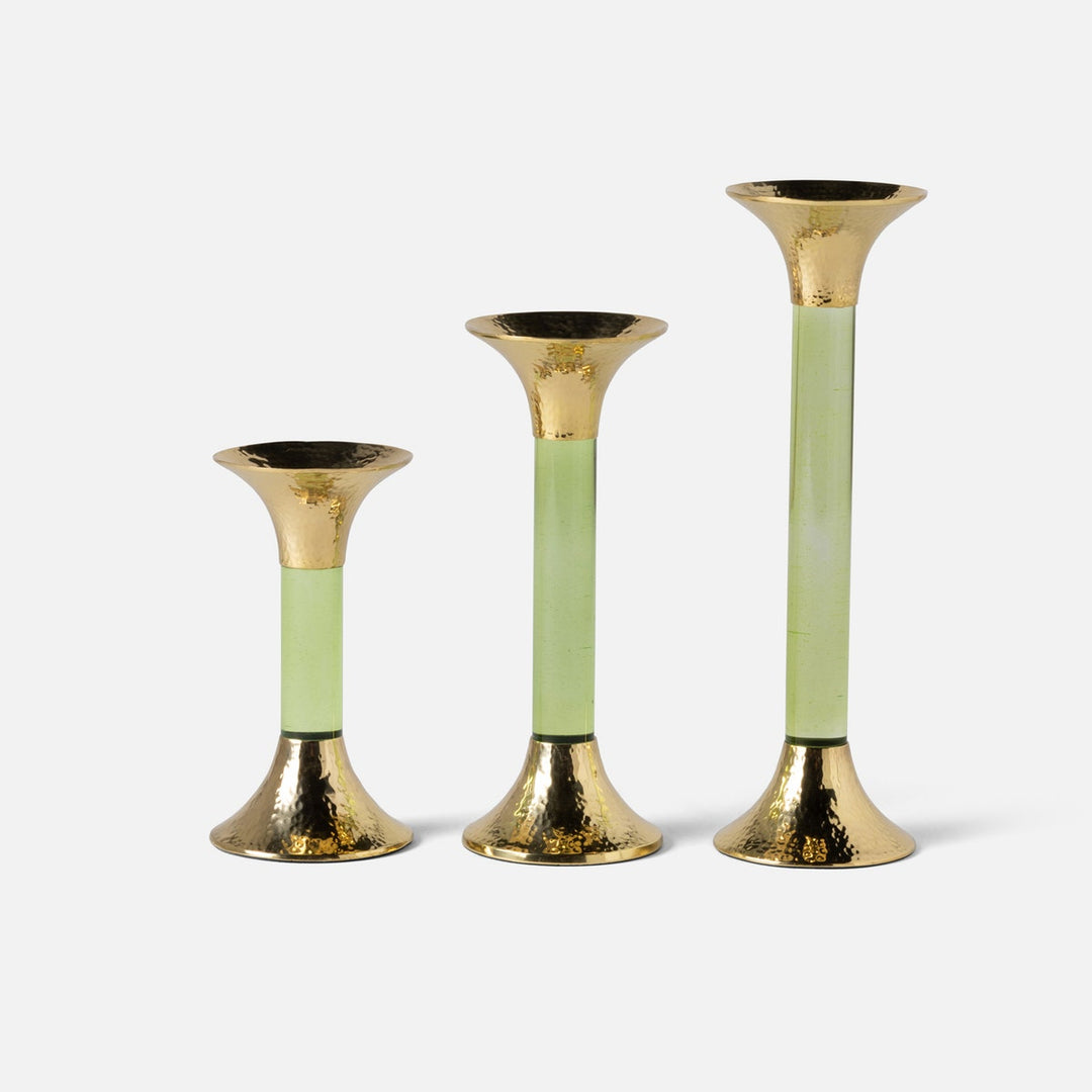 Leopold Lime/Gold Fluted Candle Holders Acrylic/Hammered Brass Set/3