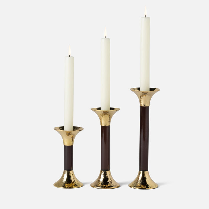 Leopold Smoke/Gold Fluted Candle Holders Acrylic/Hammered Brass Set/3