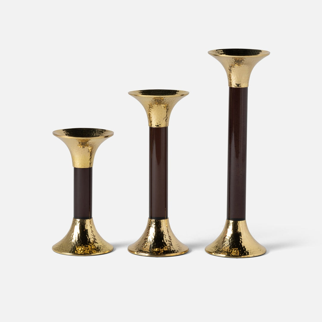 Leopold Smoke/Gold Fluted Candle Holders Acrylic/Hammered Brass Set/3