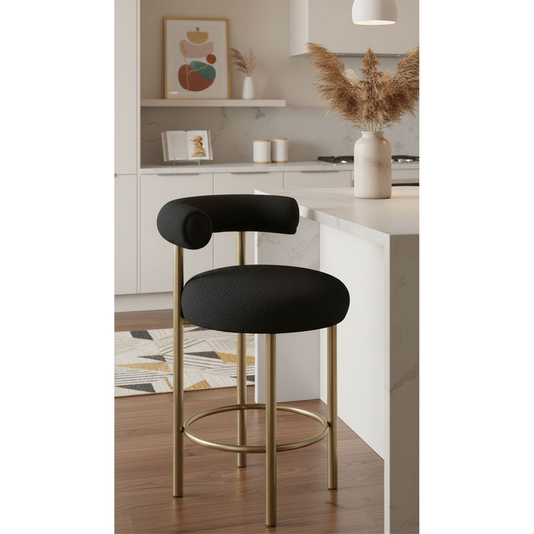 Bordeaux Boucle Fabric Upholstered Counter Stool — Black / Brushed Brass