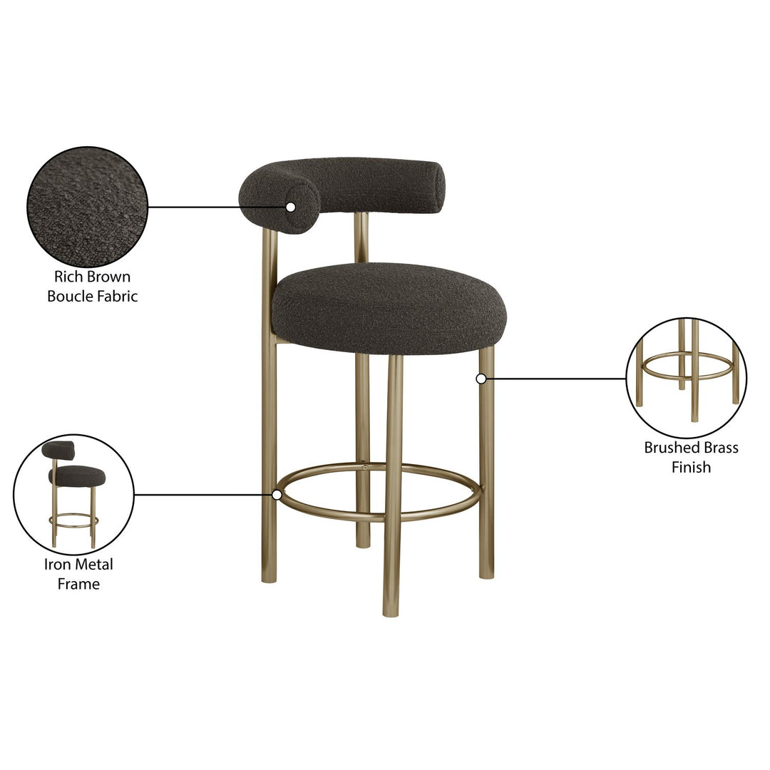 Bordeaux Boucle Fabric Upholstered Counter Stool — Brown / Brushed Brass