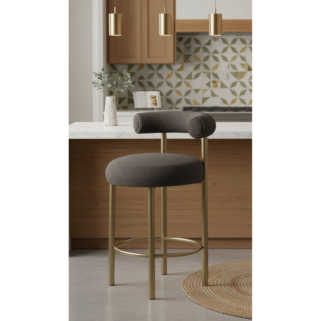Bordeaux Boucle Fabric Upholstered Counter Stool — Brown / Brushed Brass