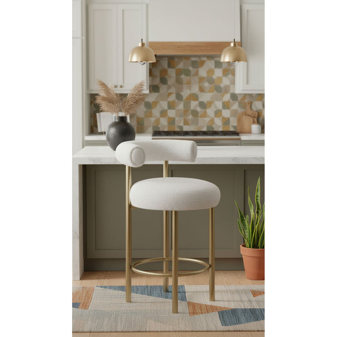 Bordeaux Boucle Fabric Upholstered Counter Stool — Cream / Brushed Brass