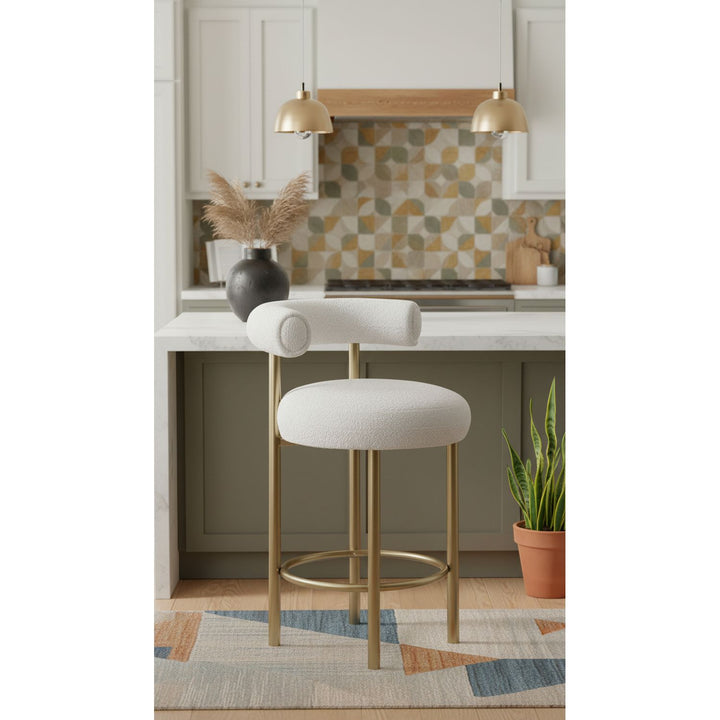 Bordeaux Boucle Fabric Upholstered Counter Stool — Cream / Brushed Brass