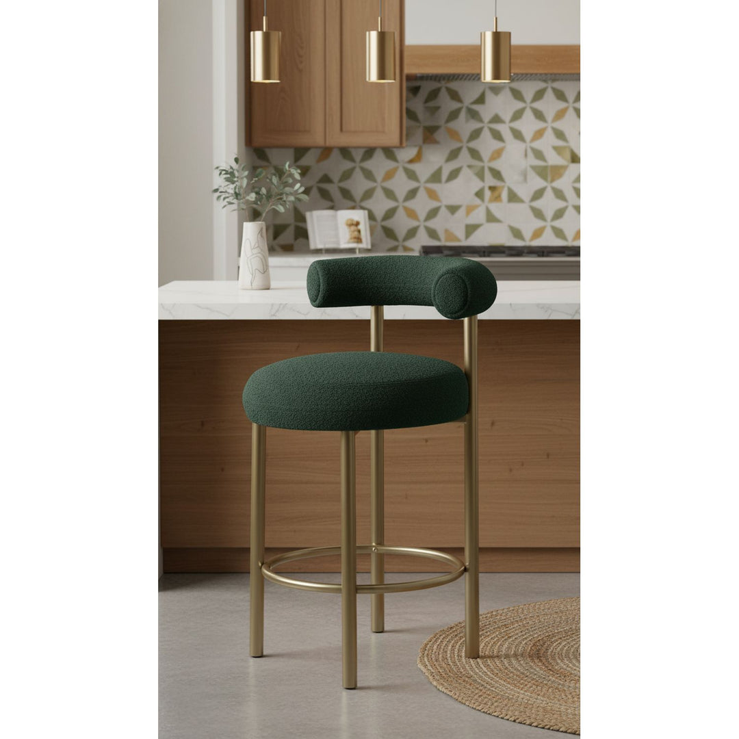Bordeaux Boucle Fabric Upholstered Counter Stool — Green / Brushed Brass