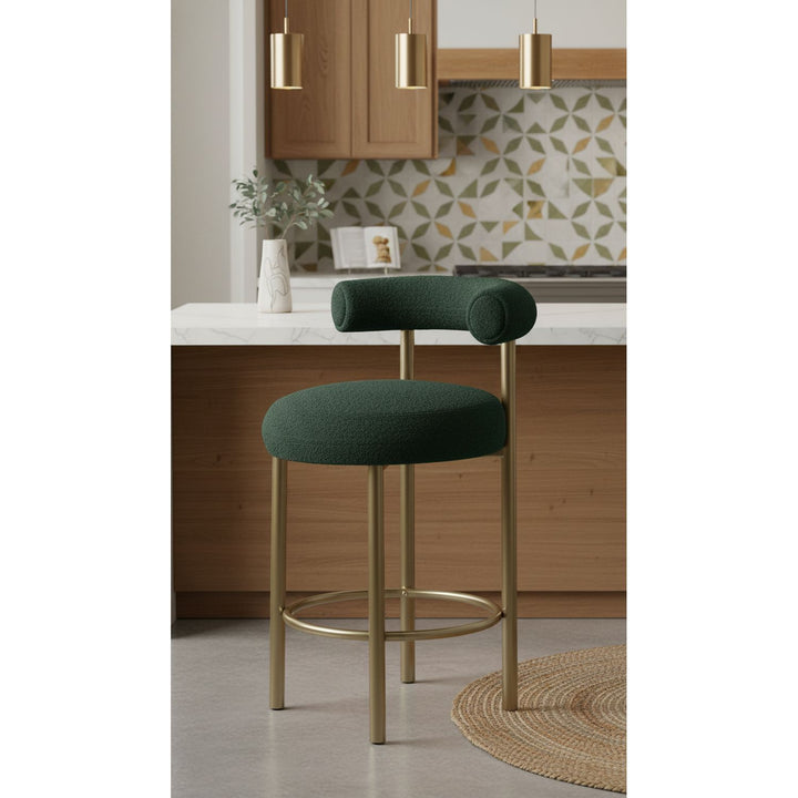 Bordeaux Boucle Fabric Upholstered Counter Stool — Green / Brushed Brass