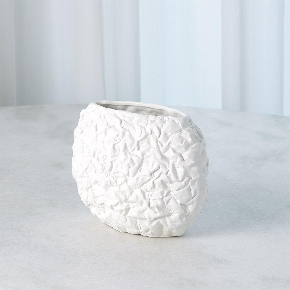 Crinkled Paper Oval Vase-Matte White-Lg