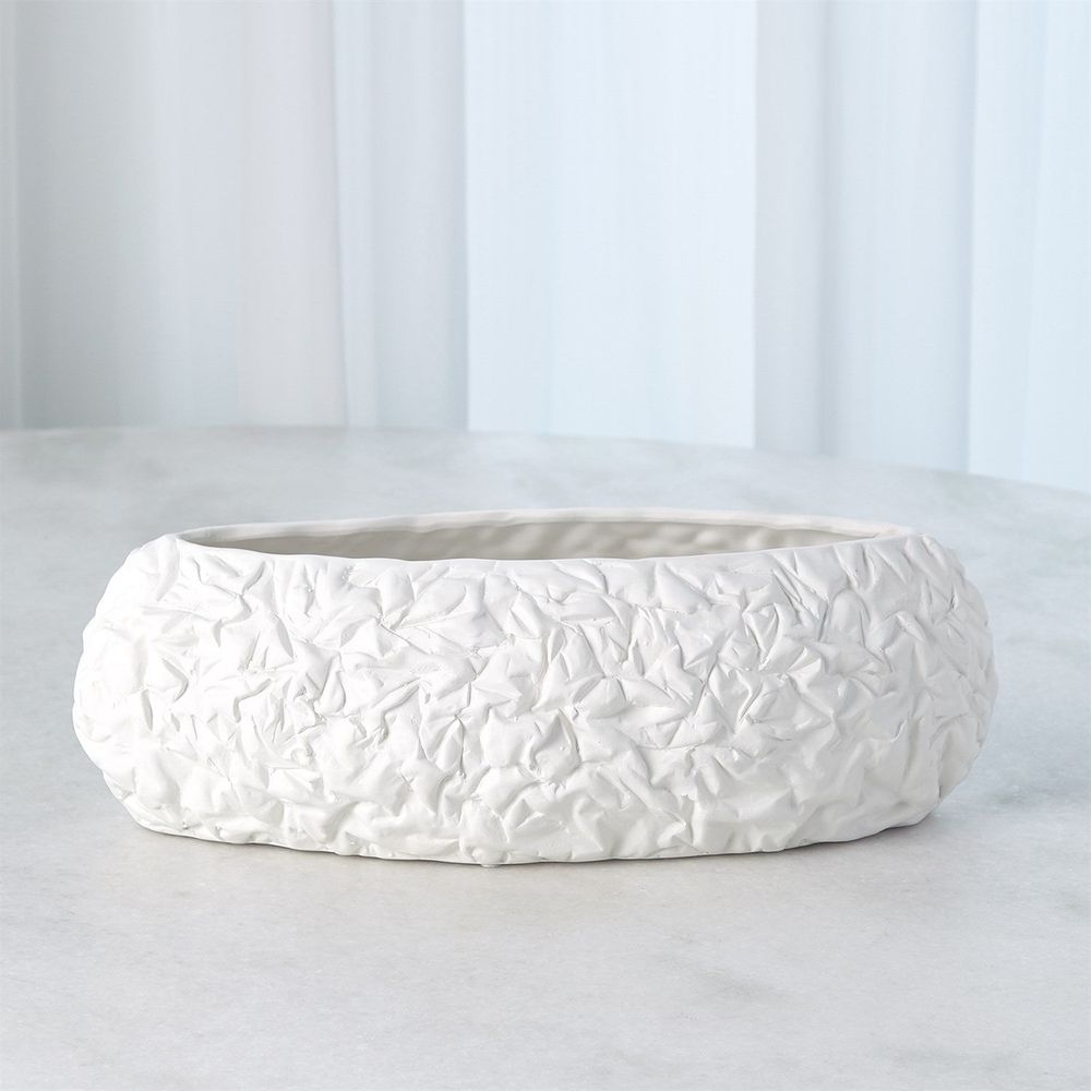Crinkled Paper Oval Bowl-Matte White-Wide