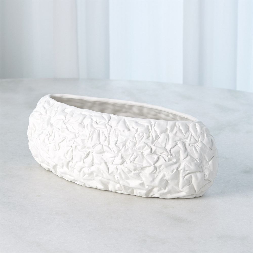 Crinkled Paper Oval Bowl-Matte White-Wide