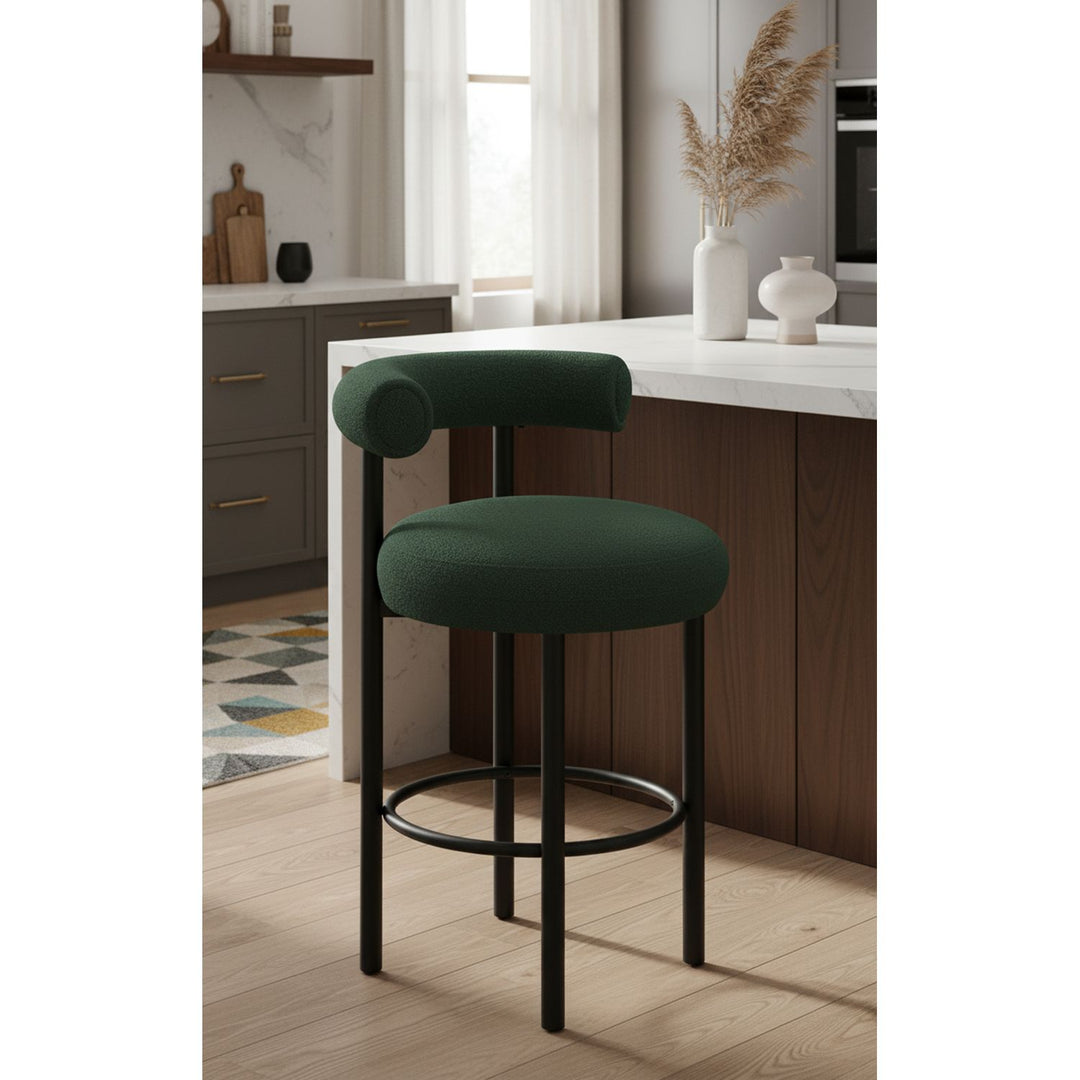 Bordeaux Boucle Fabric Upholstered Counter Stool — Green / Matte Black