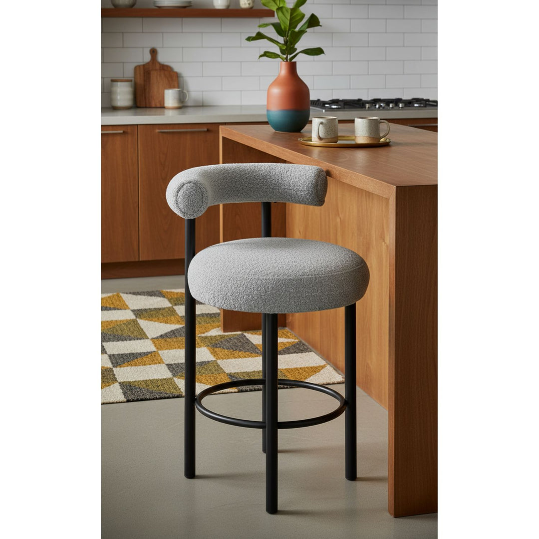 Bordeaux Boucle Fabric Upholstered Counter Stool — Grey / Matte Black