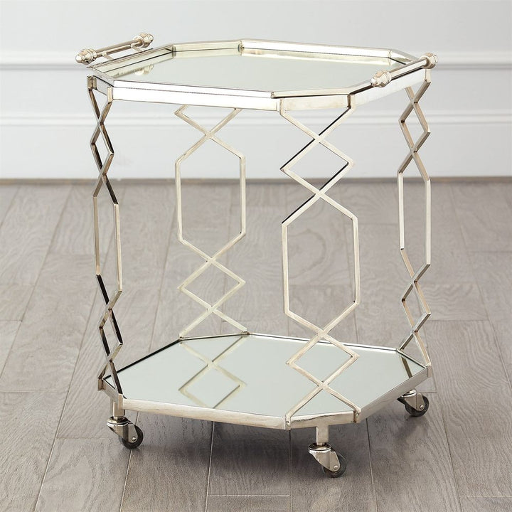Octagonal Fret Serving Trolley and Tray-Polished Nickel