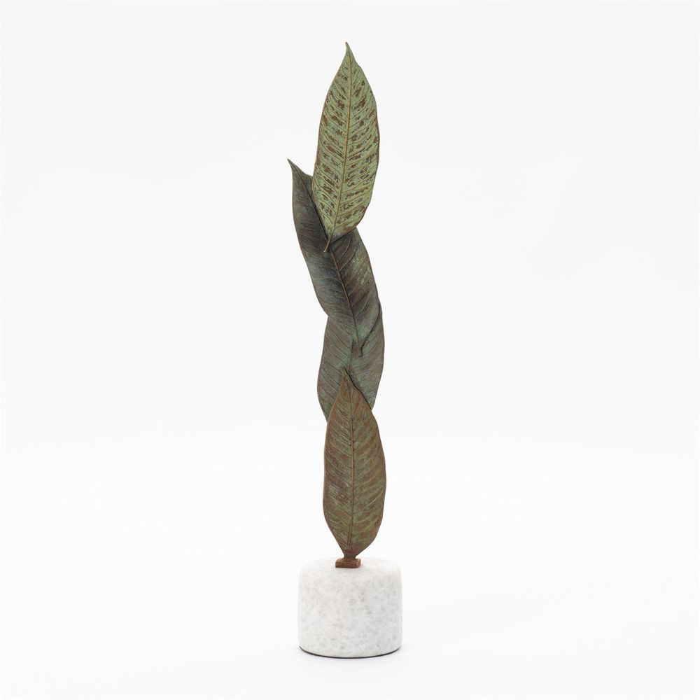 Decorative Objects Falling Leaves Sculpture-Antiqued Brass Finish on White Marble-Sm