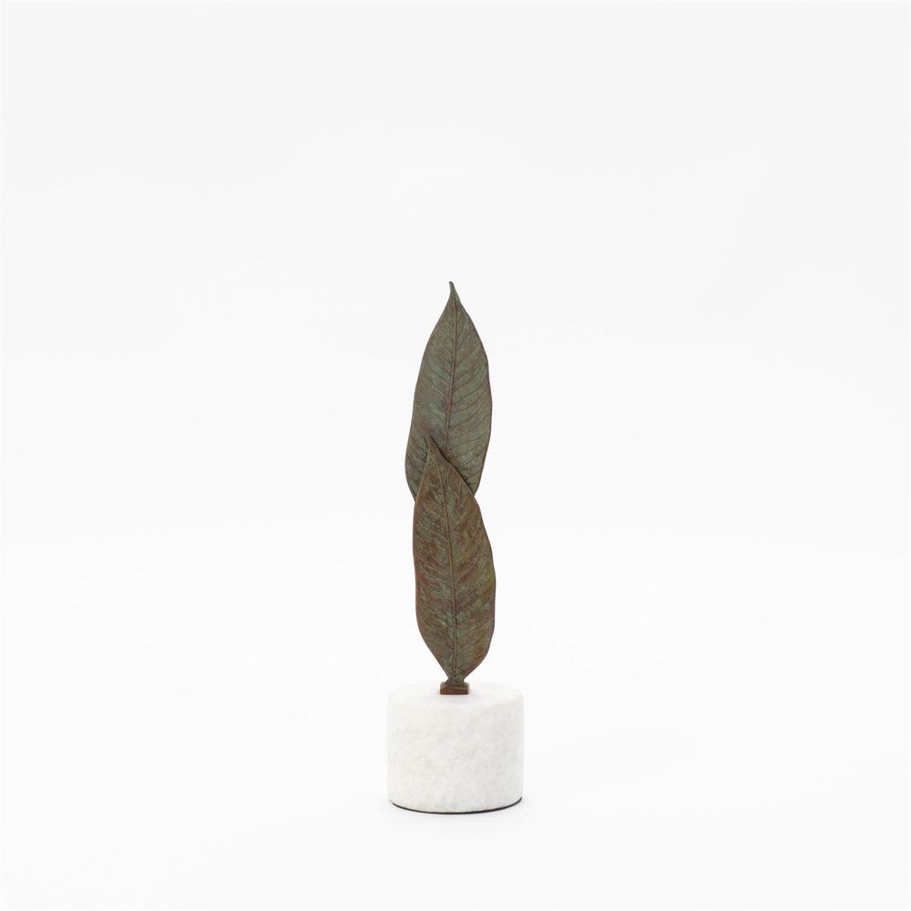Falling Leaves Sculpture-Antiqued Brass Finish on White Marble-Sm