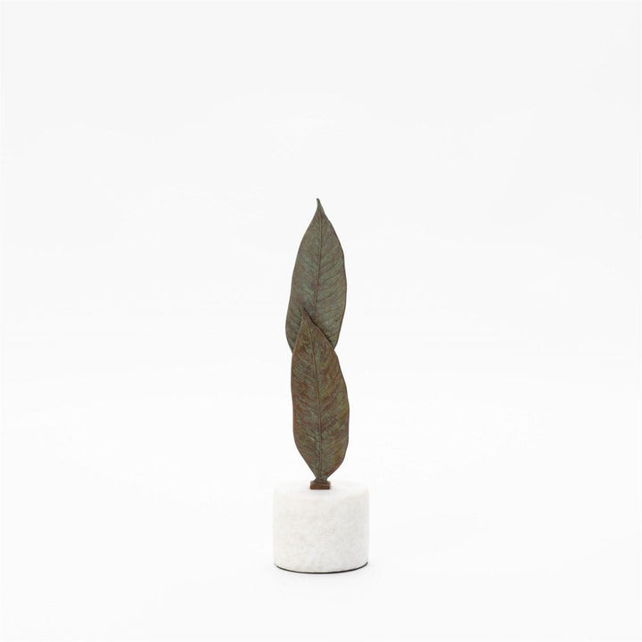 Falling Leaves Sculpture-Antiqued Brass Finish on White Marble-Sm