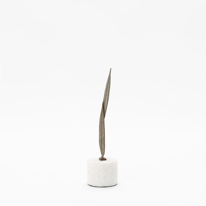 Falling Leaves Sculpture-Antiqued Brass Finish on White Marble-Med