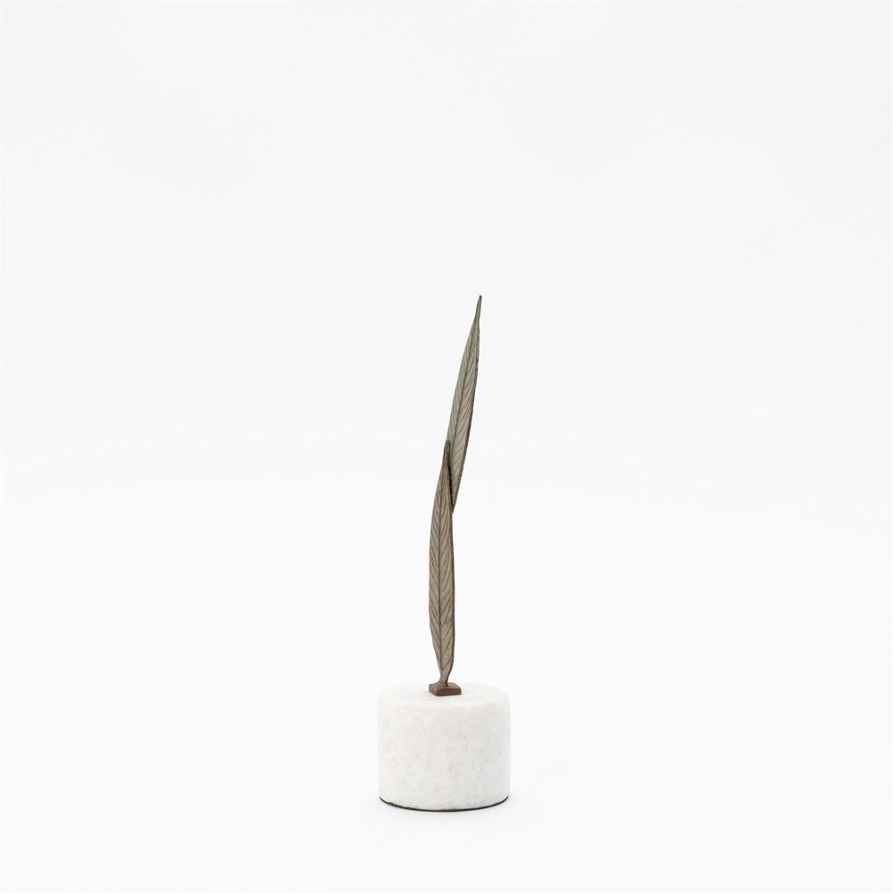 Falling Leaves Sculpture-Antiqued Brass Finish on White Marble-Sm