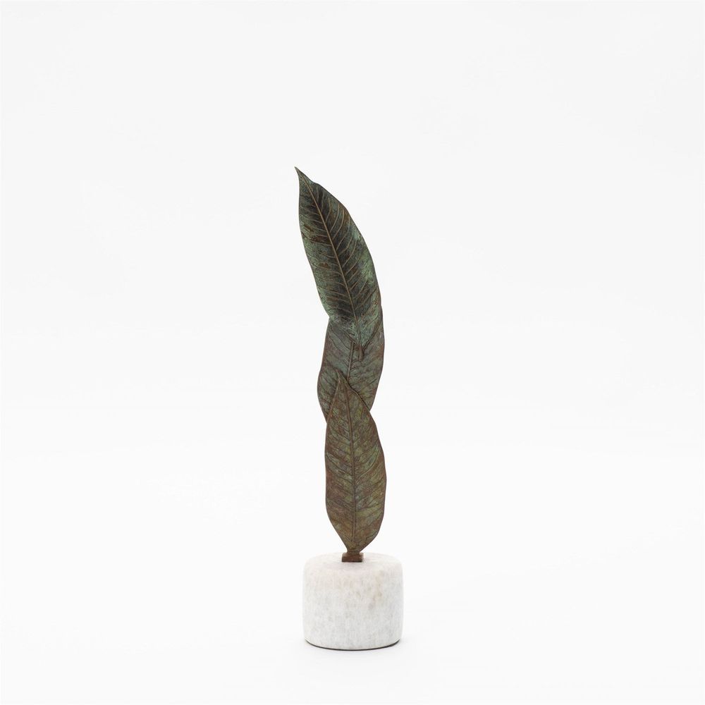 Decorative Objects Falling Leaves Sculpture-Antiqued Brass Finish on White Marble-Sm