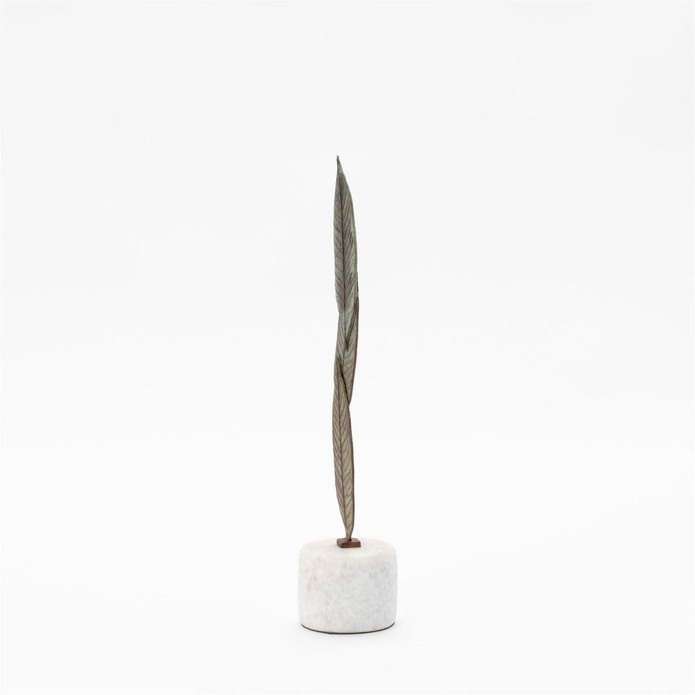 Falling Leaves Sculpture-Antiqued Brass Finish on White Marble-Sm
