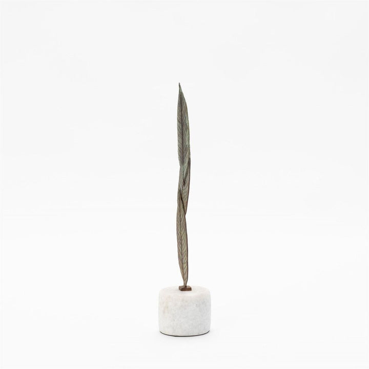 Falling Leaves Sculpture-Antiqued Brass Finish on White Marble-Sm