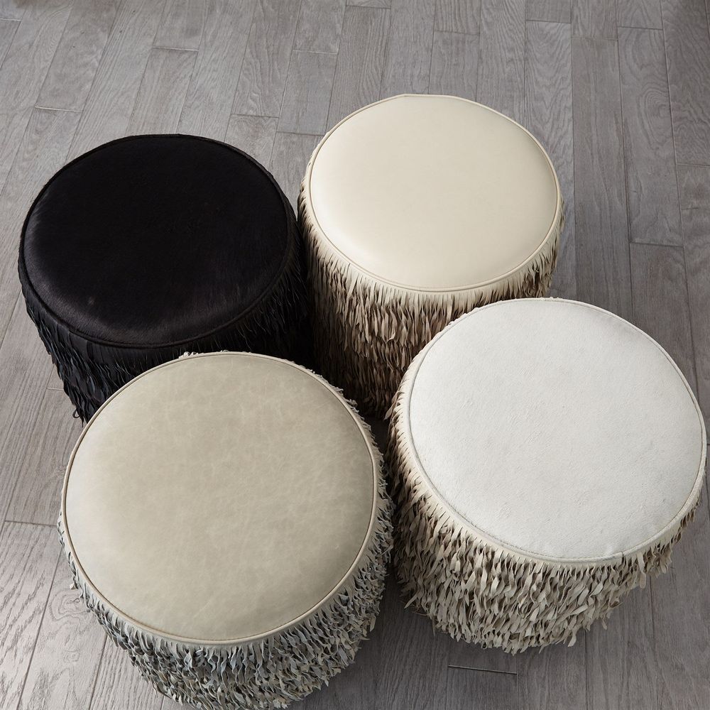 Stools & Ottomans Fringe Ottoman - Light Grey Marble Leather