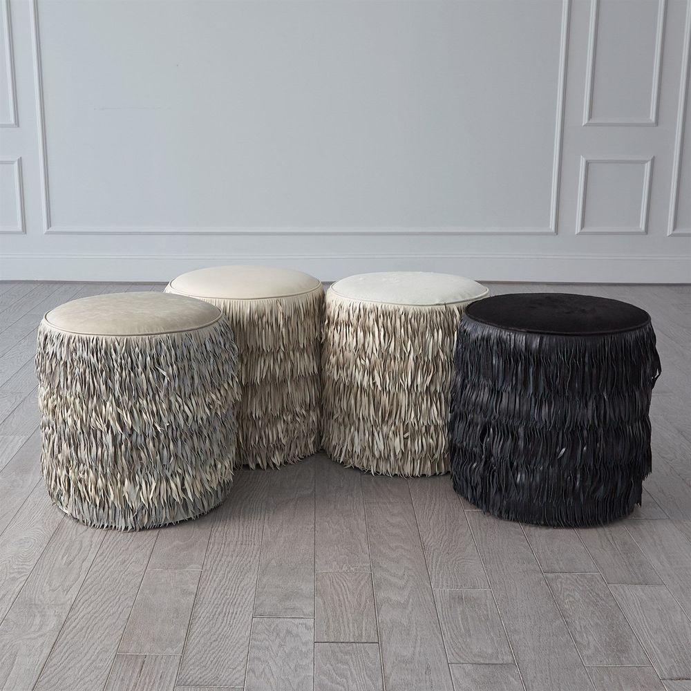 Stools & Ottomans Fringe Ottoman - Light Grey Marble Leather