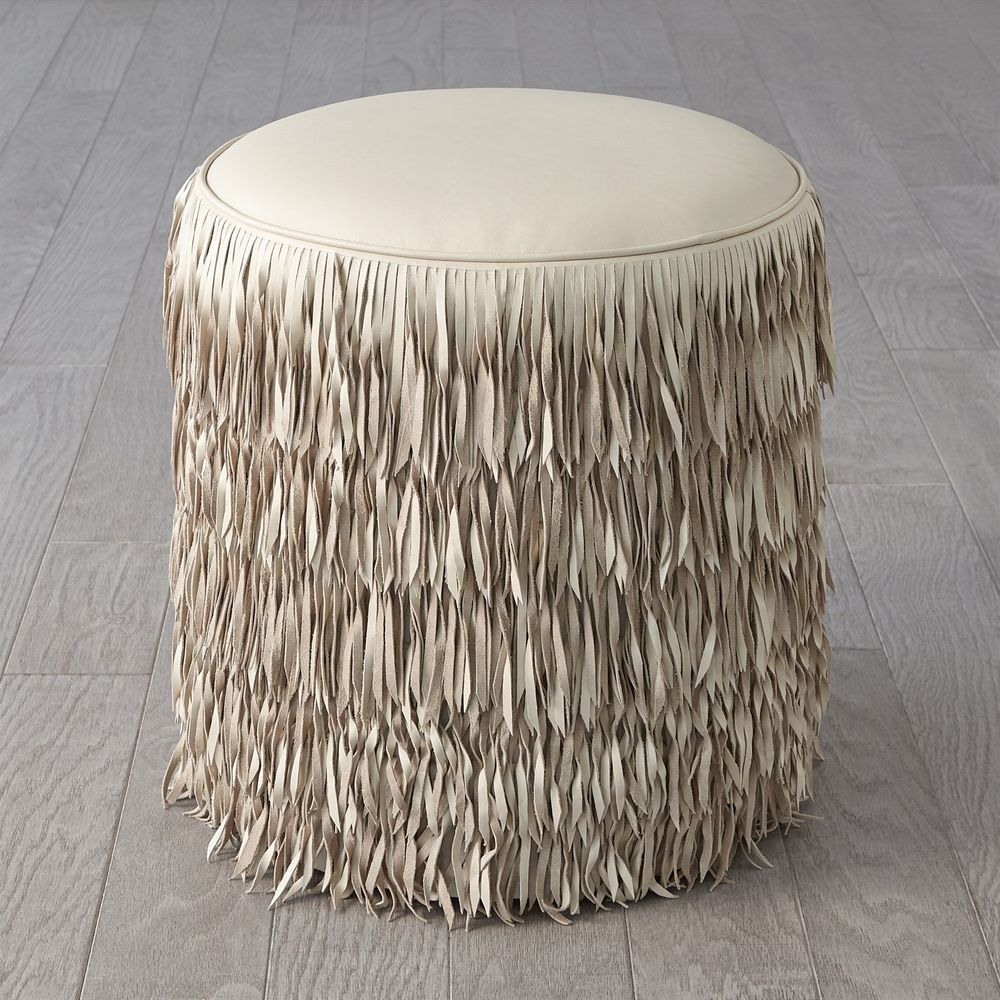 Fringe Ottoman - Ivory Marble Leather