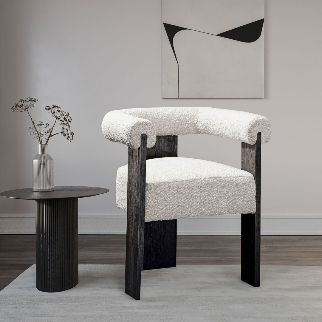 Barrel Boucle Fabric Upholstered Dining Chair — Cream / Black