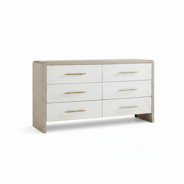 A modern 6-drawer dresser with a white finish and light natural wood trim