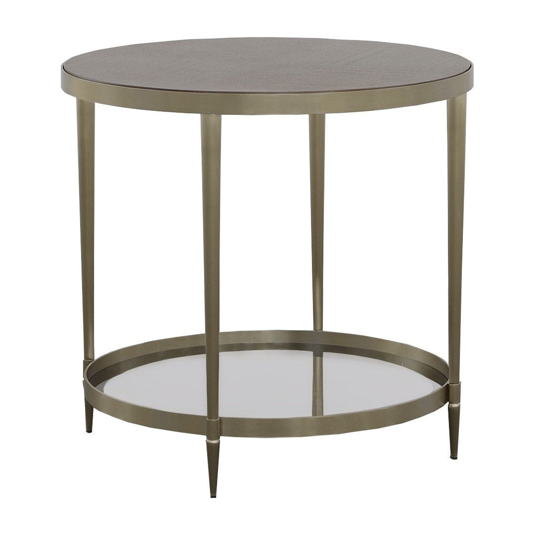 Libby Langdon Marlowe Tiered Round End Table - Smoked Stone - Stainless Steel,Walnut Solids