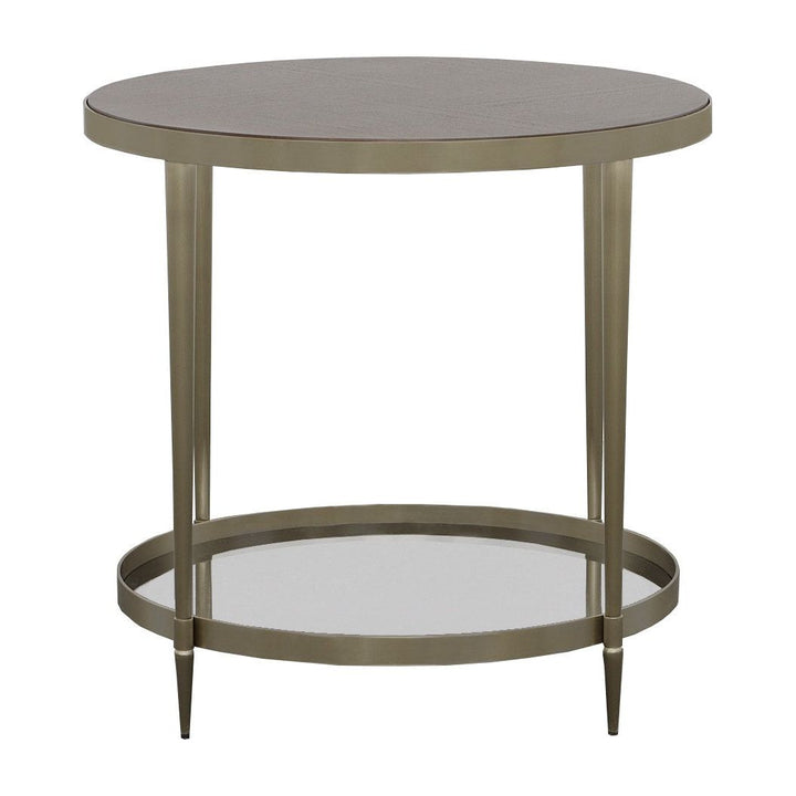 Libby Langdon Marlowe Tiered Round End Table - Smoked Stone - Stainless Steel,Walnut Solids